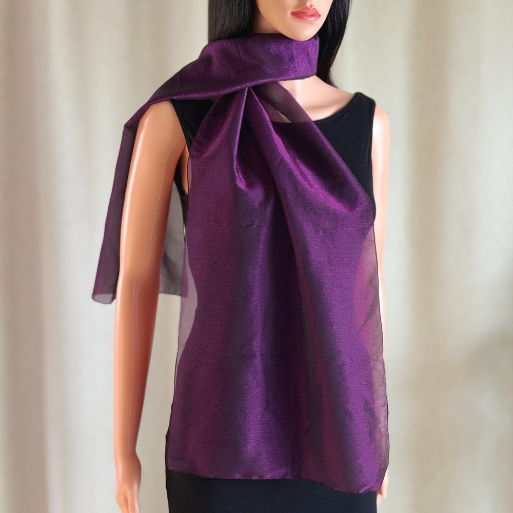 Vtg 90s Plum Purple Iridescent Sheer Organza Scarf Formal Evening Shawl Wrap